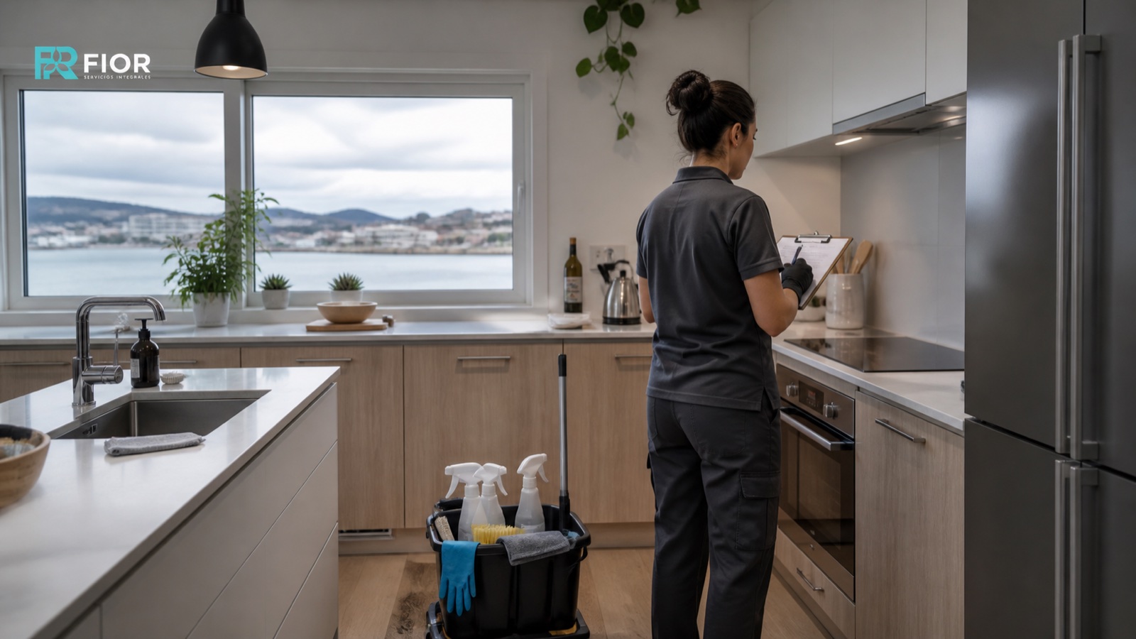 Profesional preparando una valoración de limpieza profunda en una cocina de Vigo