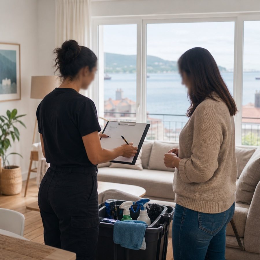 Profesional y clienta definiendo prioridades de limpieza en una vivienda de Vigo