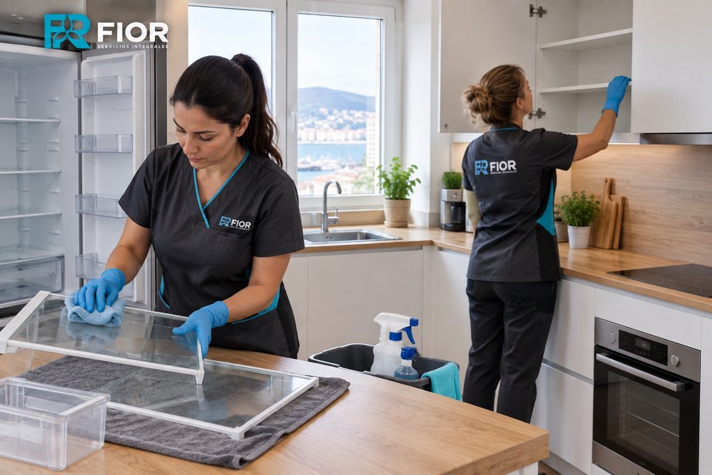 Dos profesionales de limpieza revisan armarios y superficies de una cocina en Vigo