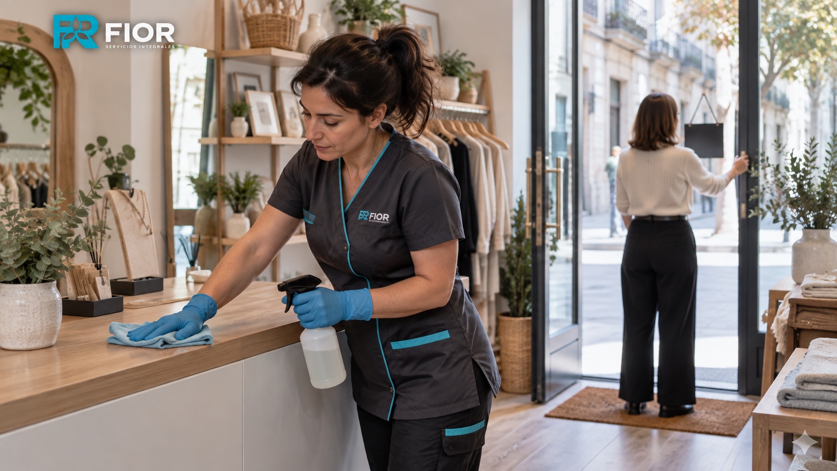 Profesional de limpieza preparando un local comercial en Vigo antes de abrir