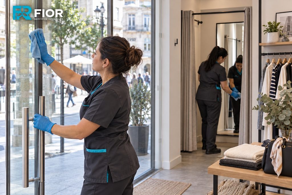Dos profesionales limpian escaparate y espejos de un local comercial en Vigo